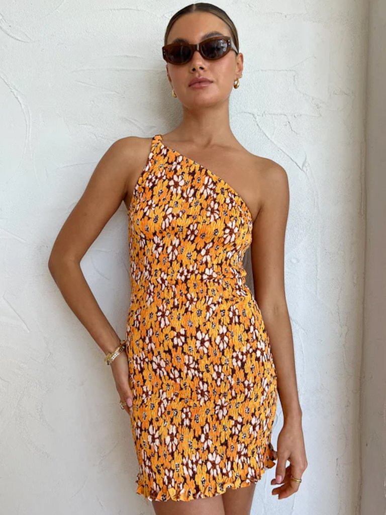 Faithfull The Brand Terre Mer One Shoulder Floral Orange Mini Dress Size 4